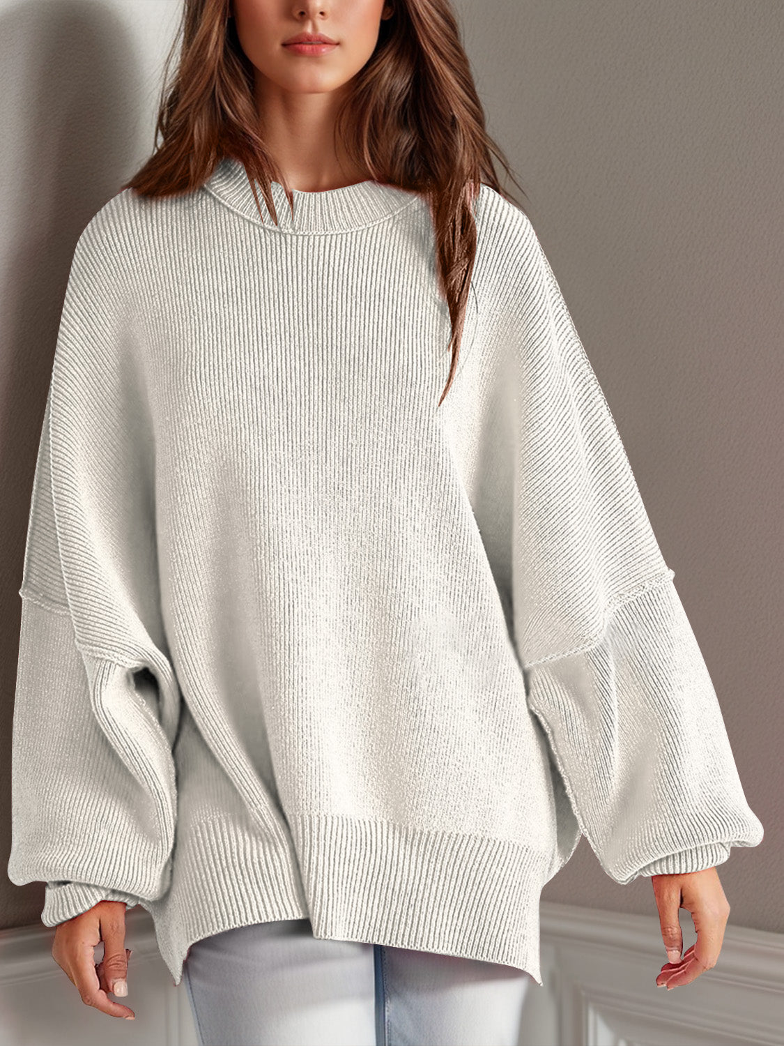 Double Take – Langärmliger Pullover mit seitlichem Schlitz und Rundhalsausschnitt