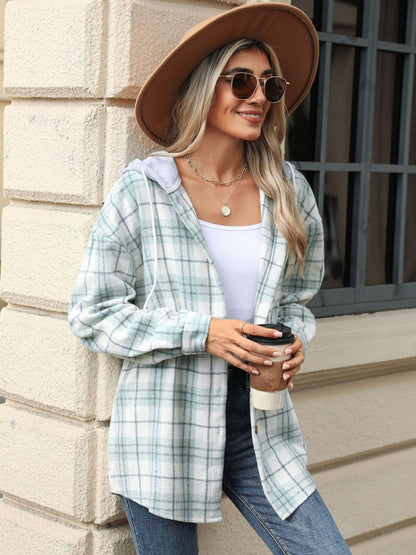 Karierte Kapuzenjacke mit Kordelzug und Knopfleiste