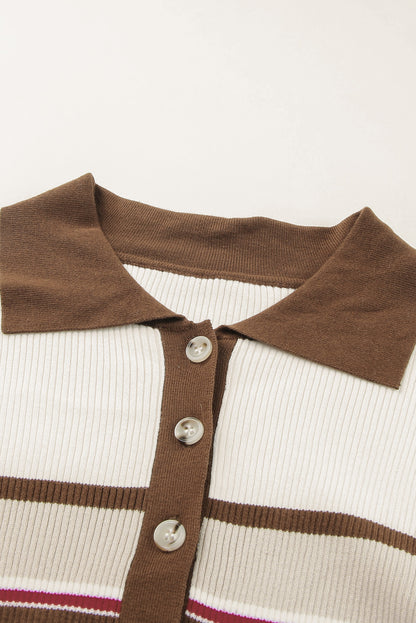 Langärmliges Strickoberteil mit halben Knöpfen und Kontraststreifen