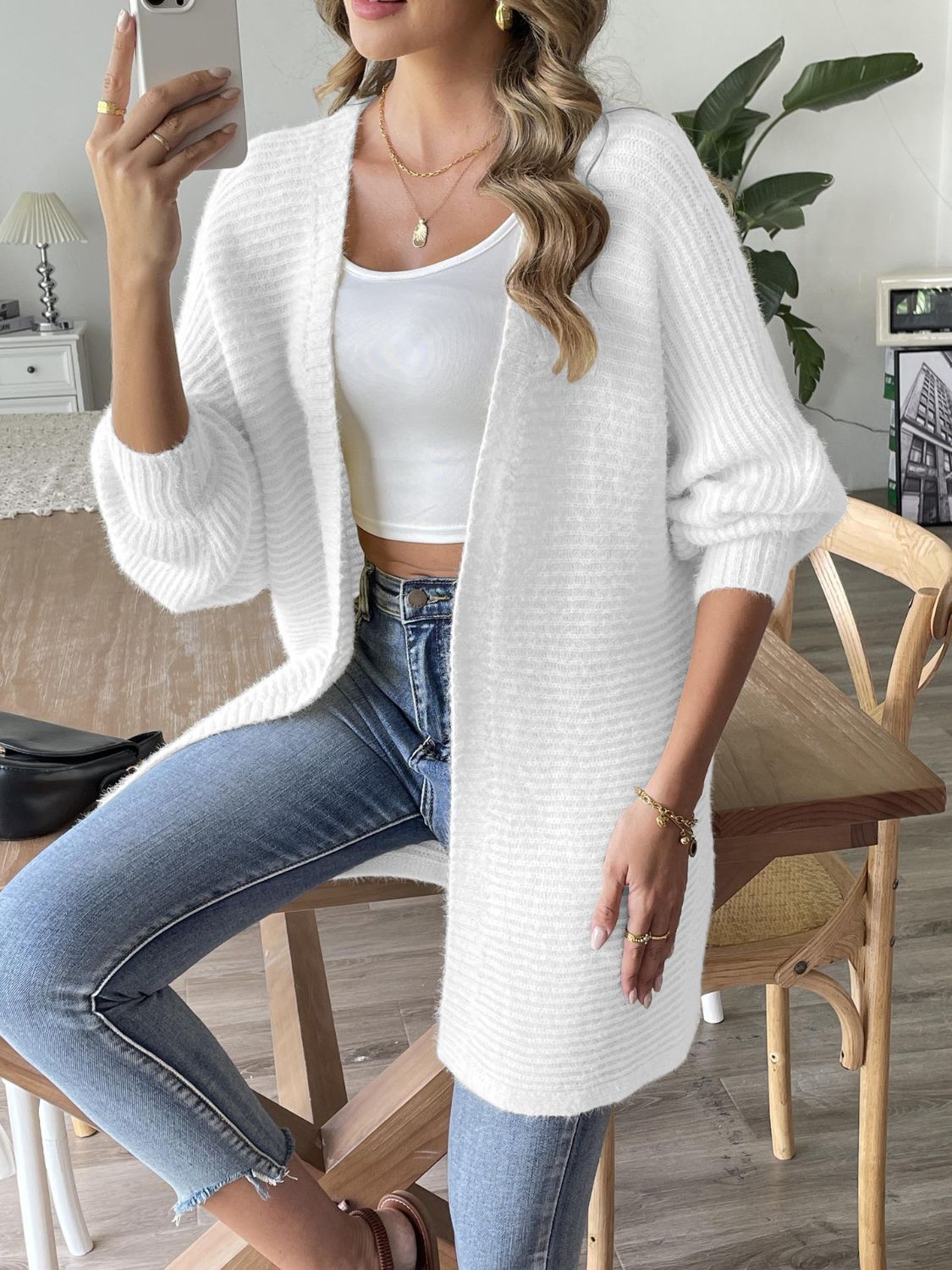 Strickjacke mit langen Ärmeln und offener Vorderseite