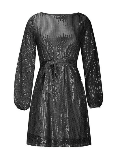 Langärmliges Minikleid mit Pailletten und Bindegürtel