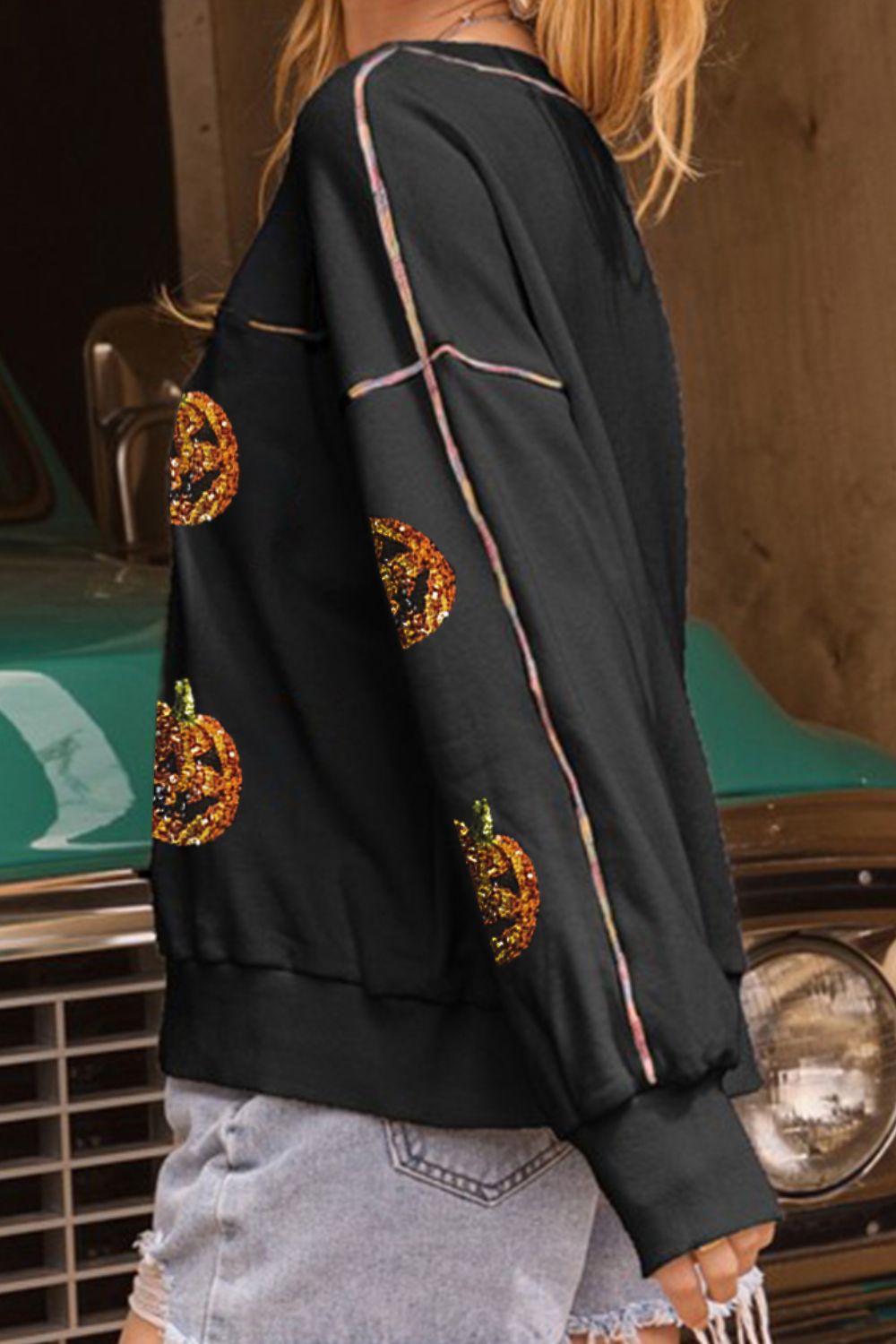 Pailletten-Kürbis-Sweatshirt mit Rundhalsausschnitt und langen Ärmeln
