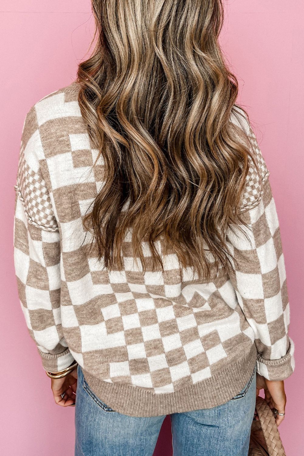 Karierter Rundhals-Langarmpullover