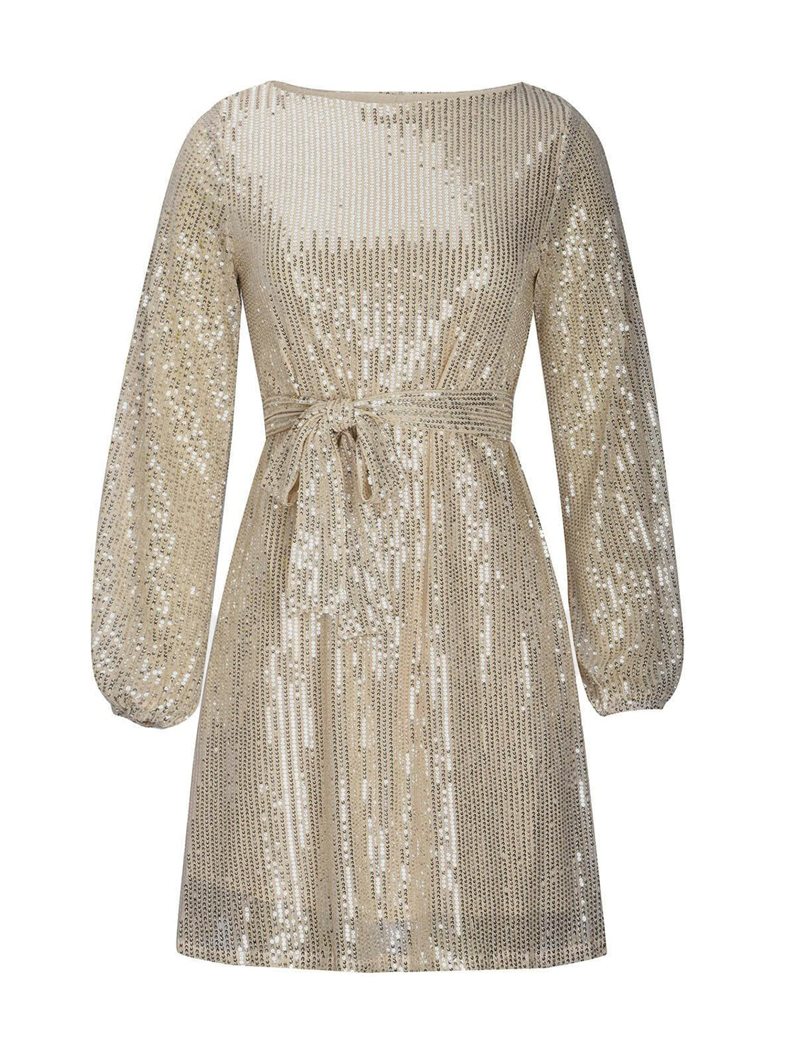 Langärmliges Minikleid mit Pailletten und Bindegürtel