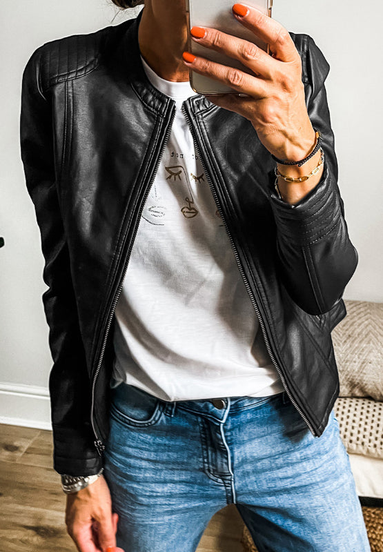 Langärmlige Jacke aus PU-Leder mit Rundhalsausschnitt