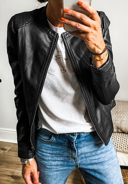 Langärmlige Jacke aus PU-Leder mit Rundhalsausschnitt