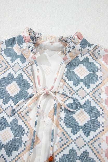 Bluse mit Ballonärmeln und Quasten zum Binden am Hals