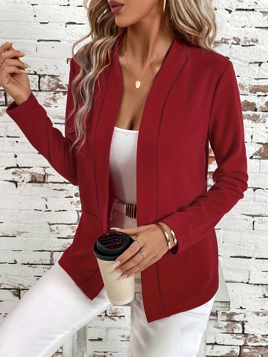 Einfarbige Strickjacke mit offener Vorderseite und langen Ärmeln