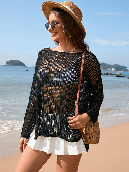 Langärmliges Cover-Up mit durchbrochenem Schlitz und U-Boot-Ausschnitt