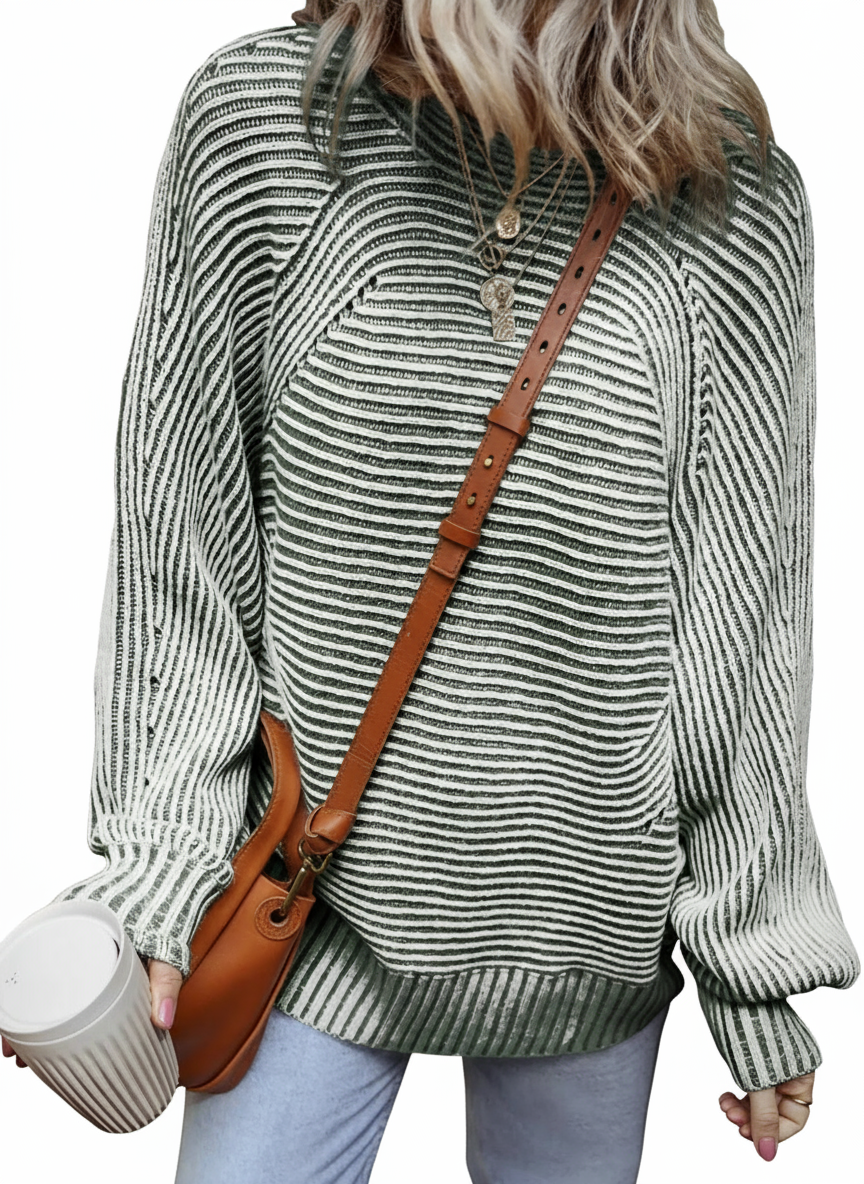 Striped Ribbed Knit Boat Neck Baggy Sweater