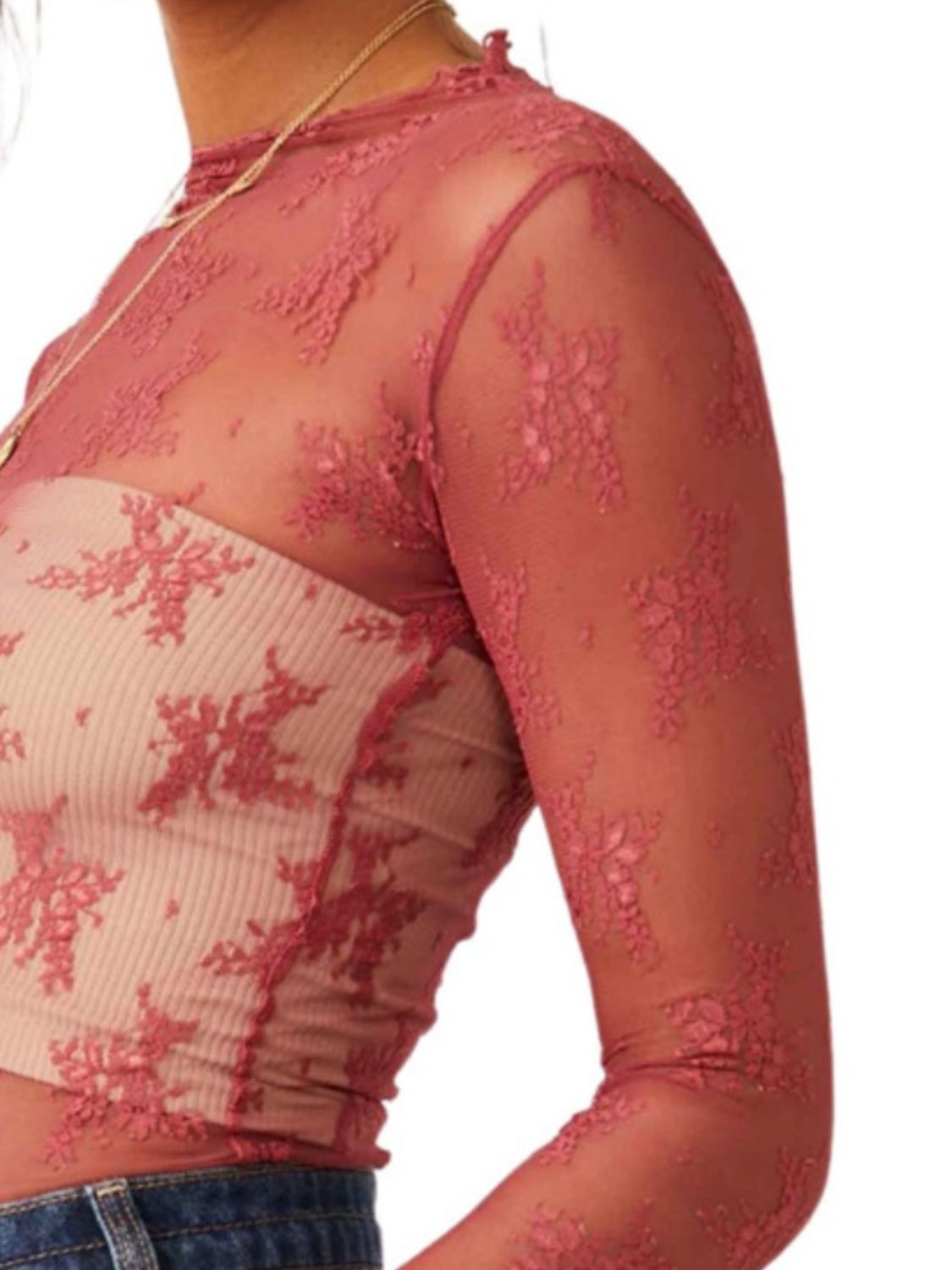 Langarmbluse mit Stehkragen und Spitze