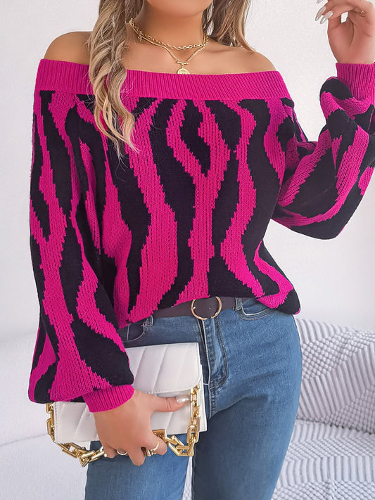Schulterfreier Langarmpullover mit Animalprint