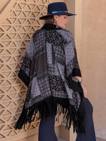 Ropa de abrigo con frente abierto y flecos estampados de talla grande