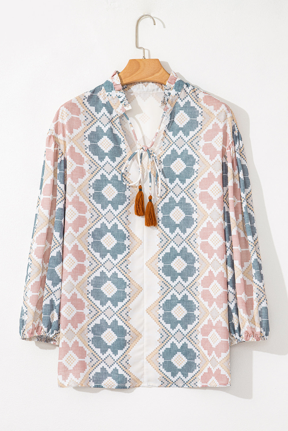 Bluse mit Ballonärmeln und Quasten zum Binden am Hals