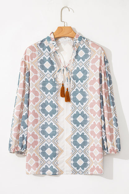Bluse mit Ballonärmeln und Quasten zum Binden am Hals
