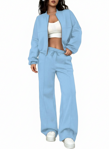 Casual Solid Color Zipper Jacket and Wide Leg Pants Set