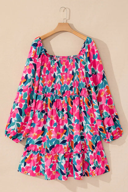 Plus Size Kleid mit gesmoktem Blumenmuster, quadratischem Ausschnitt und Ballonärmeln