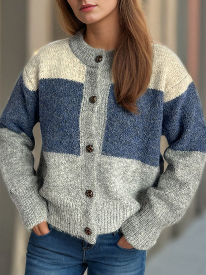 Strickjacke mit Rundhalsausschnitt und Knopfleiste in Farbblock-Optik
