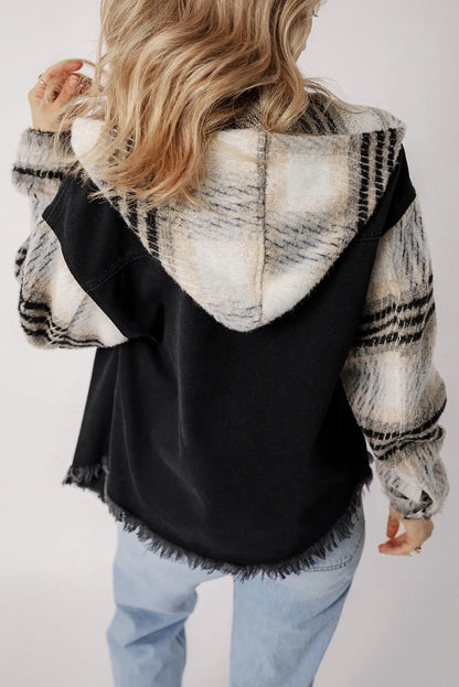 Jeansjacke mit Kapuze, Kordelzug, ungesäumtem Saum und Knopfleiste