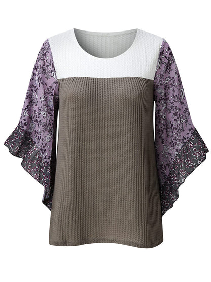 Bedruckte Bluse mit Rundhalsausschnitt und Dreiviertelärmeln in voller Größe