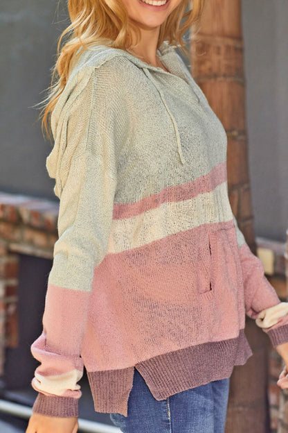 Langarm-Kapuzenpullover mit Farbblock und Kordelzug