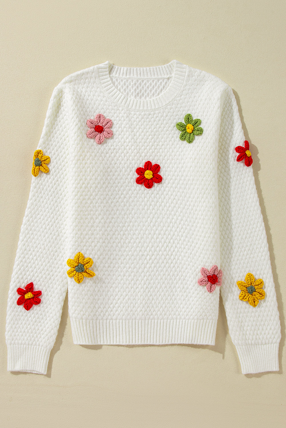 Häkelblumen-Pullover mit Rundhalsausschnitt und langen Ärmeln