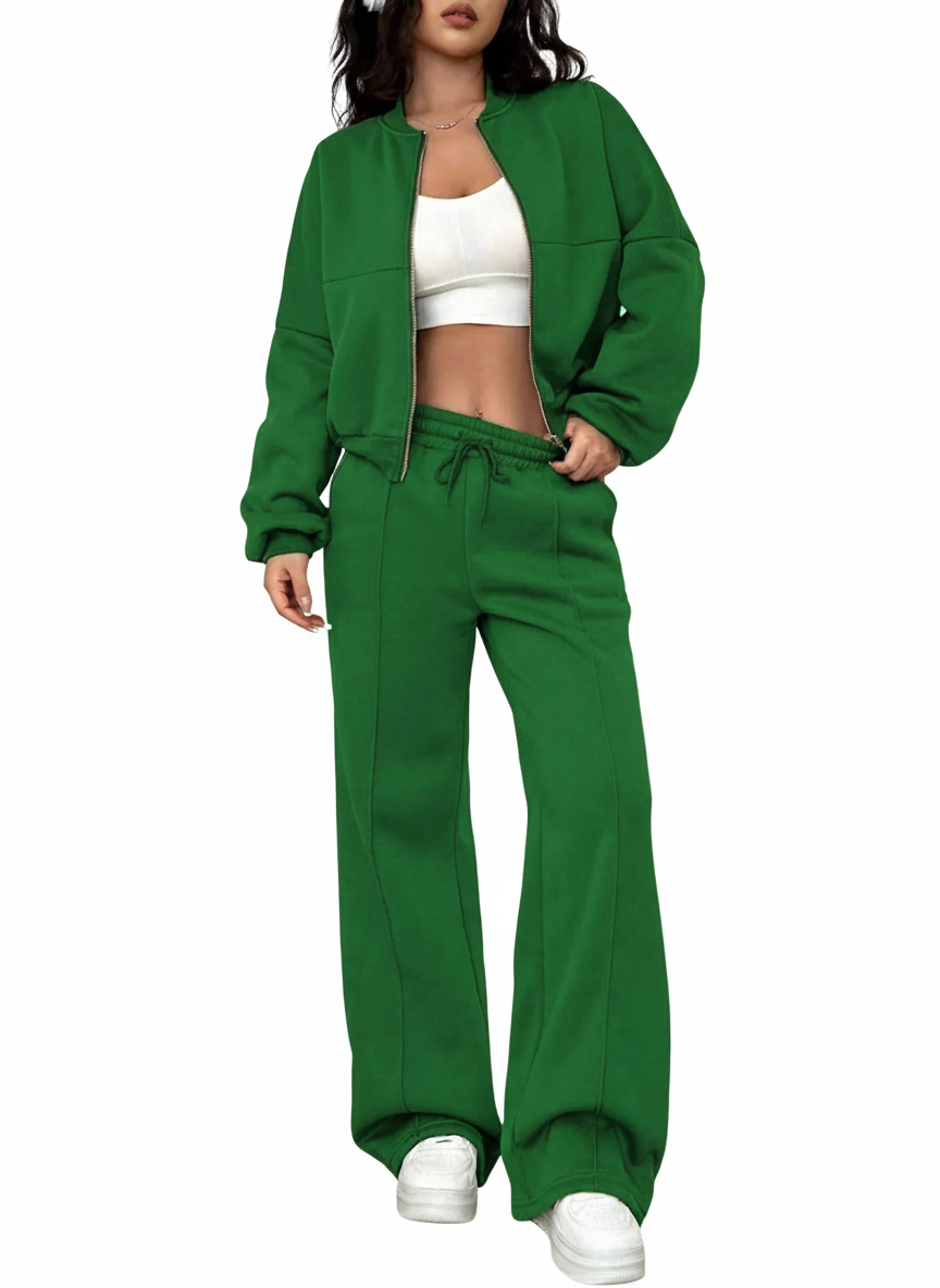 Casual Solid Color Zipper Jacket and Wide Leg Pants Set