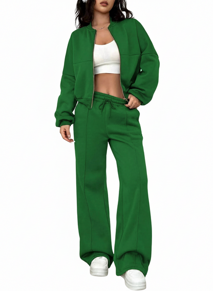 Casual Solid Color Zipper Jacket and Wide Leg Pants Set