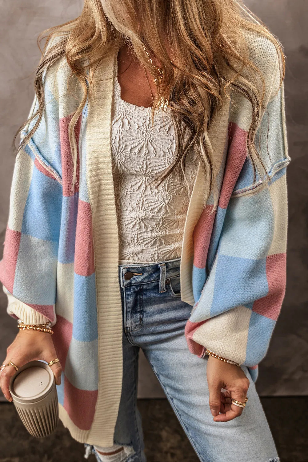 Strickjacke mit Farbblockdesign und offener Vorderseite und langen Ärmeln