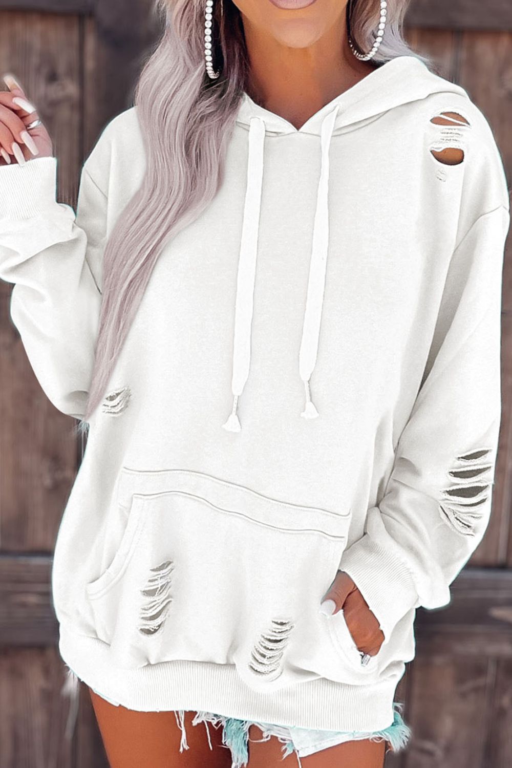 Kapuzenpullover mit Kordelzug und langen Ärmeln im Used-Look