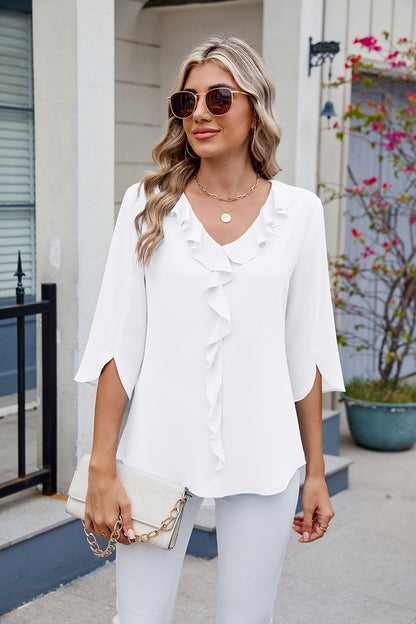 Bluse mit Rüschen, V-Ausschnitt und Dreiviertelärmeln