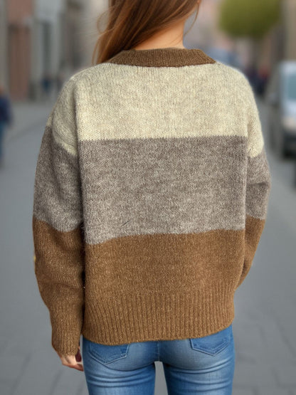 Strickjacke mit Rundhalsausschnitt und Knopfleiste in Farbblock-Optik