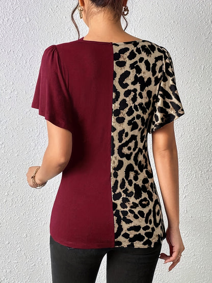 T-Shirt mit gerüschtem Leopardenmuster und Flatterärmeln