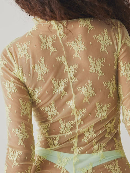 Langarmbluse mit Stehkragen und Spitze