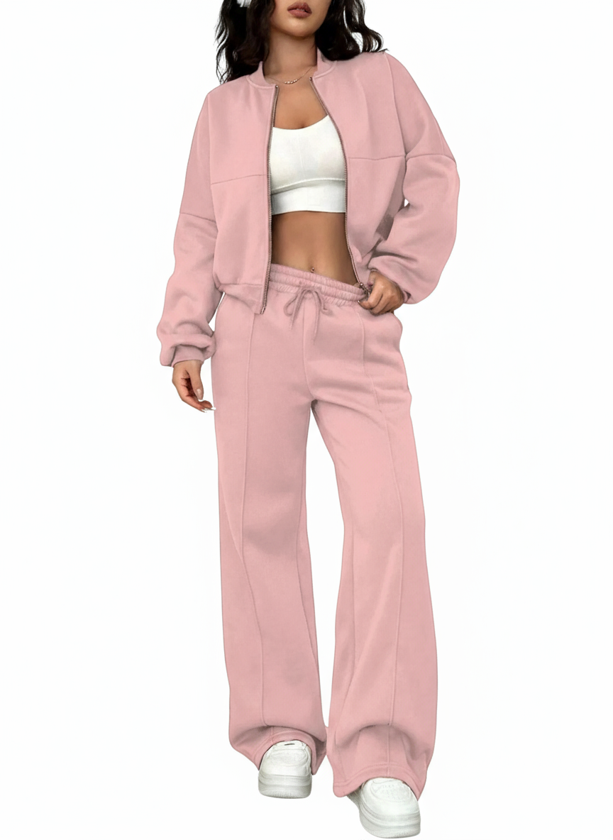 Casual Solid Color Zipper Jacket and Wide Leg Pants Set