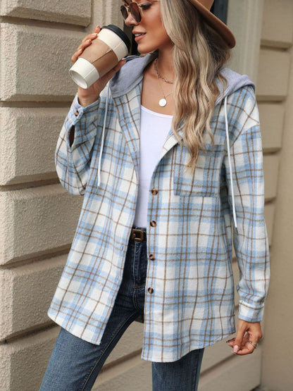 Karierte Kapuzenjacke mit Kordelzug und Knopfleiste