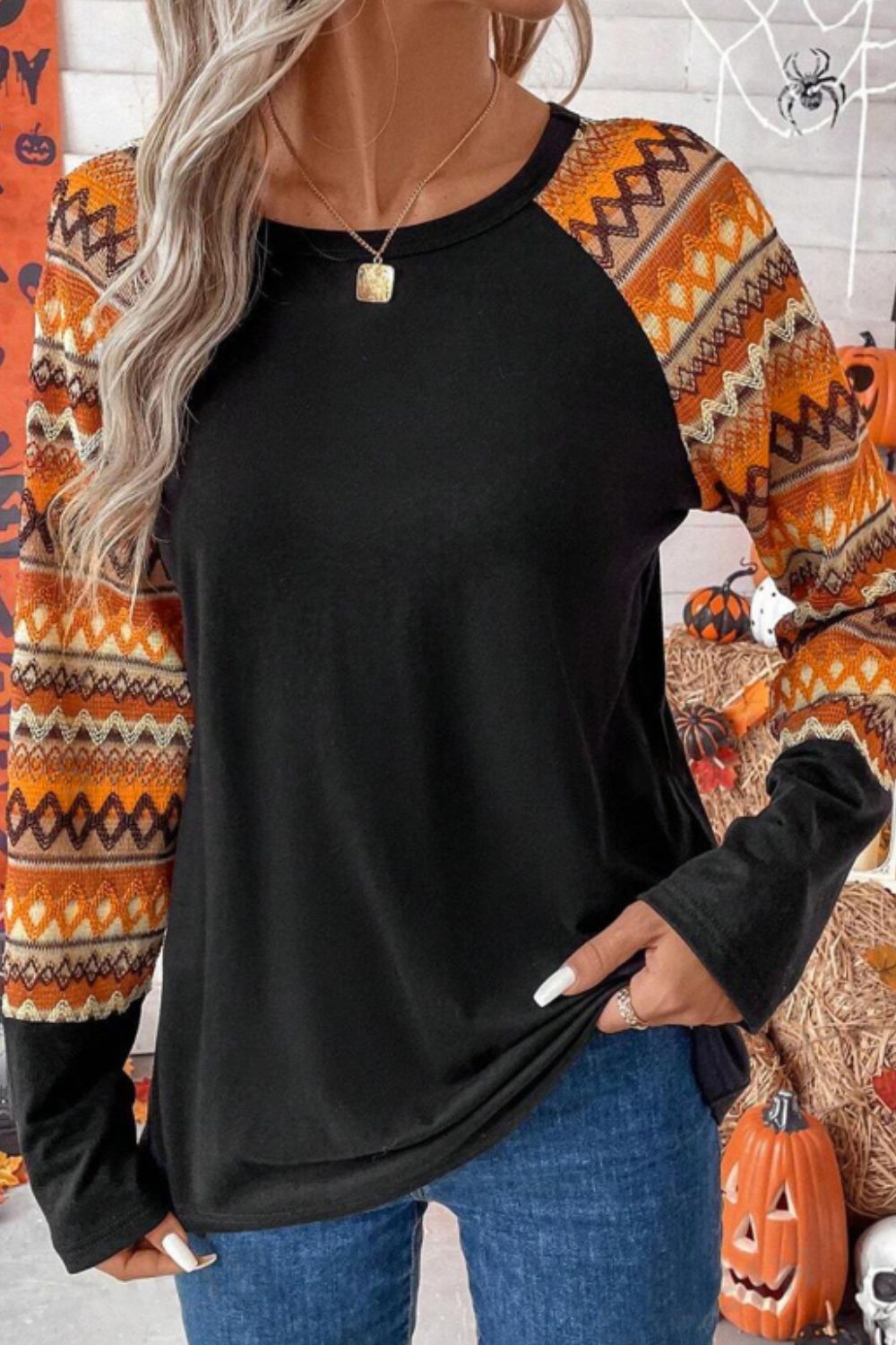 Bedruckte Bluse mit Rundhalsausschnitt und Raglanärmeln