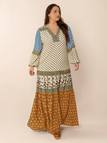 Bedrucktes Maxikleid mit V-Ausschnitt und Ballonärmeln in Übergröße