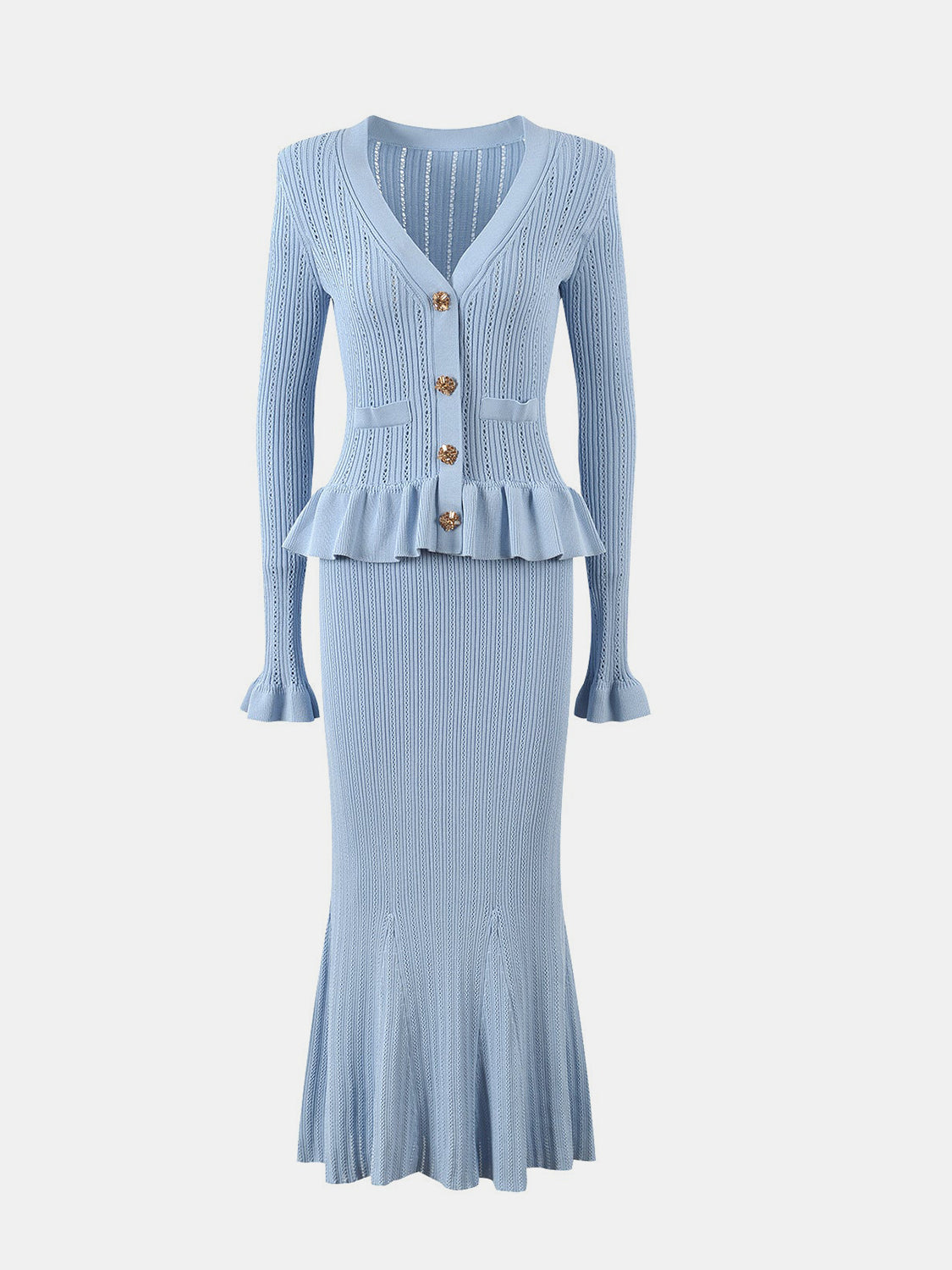 Set aus Oberteil mit V-Ausschnitt und Pullover mit Midirock und Rüschen