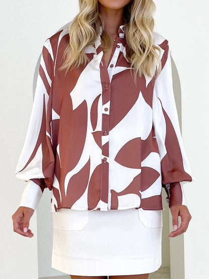 Printed Button Up Lantern Sleeve Shirt
