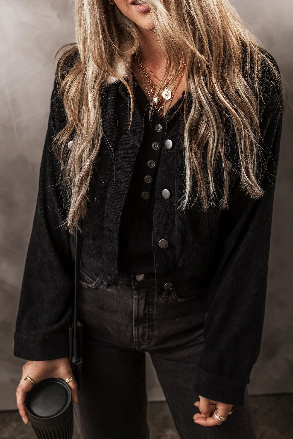 Flauschige Button-Down-Jacke mit Kragen