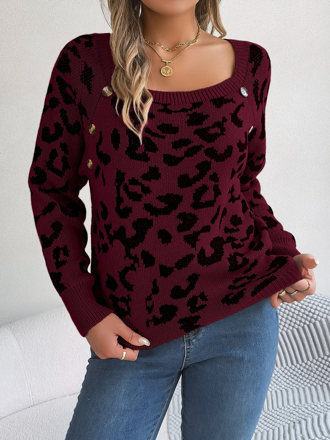 Pullover mit Leopardenmuster und quadratischem Ausschnitt
