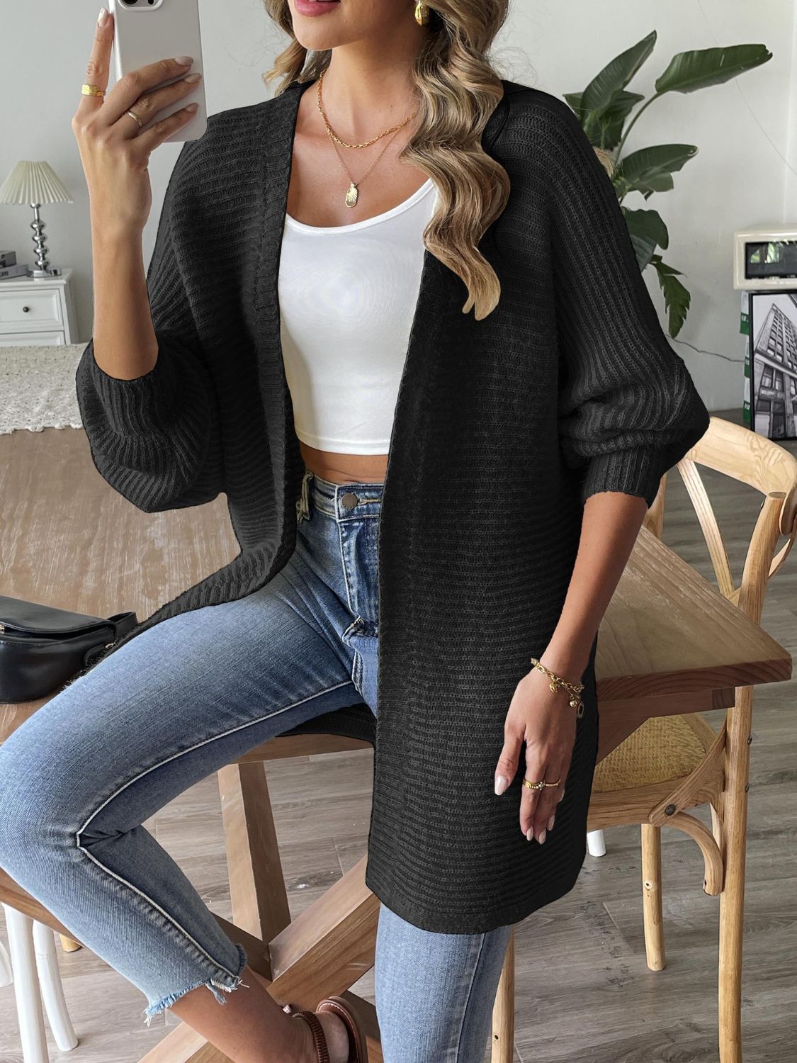 Strickjacke mit langen Ärmeln und offener Vorderseite