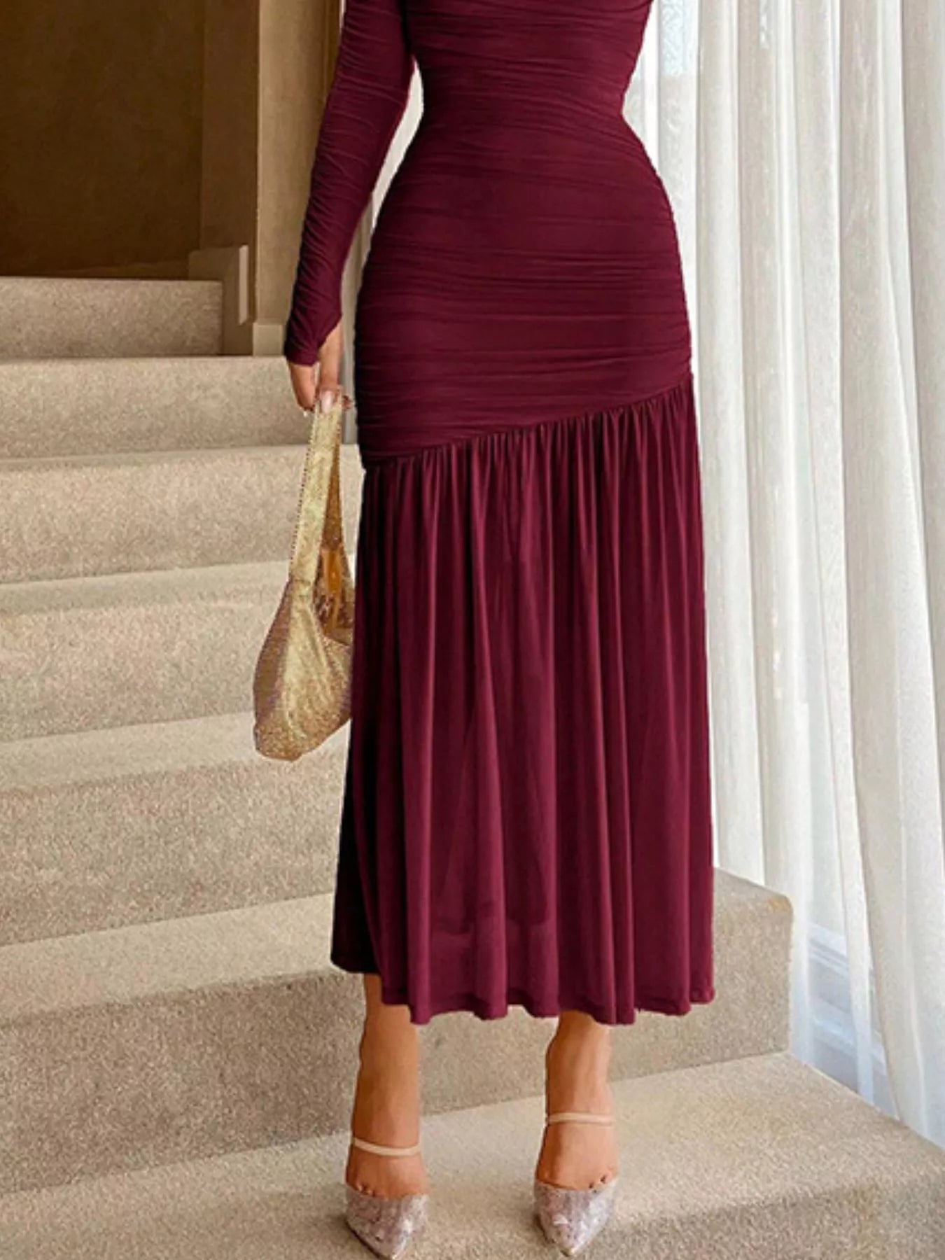 Ruched Long Sleeve Bodycon Midi Dress  Collections for Her