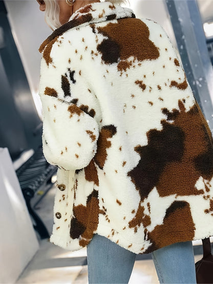 Flauschige Jacke mit Kragen und Knopfleiste im Kuh-Print