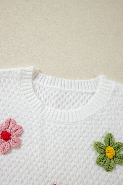 Häkelblumen-Pullover mit Rundhalsausschnitt und langen Ärmeln