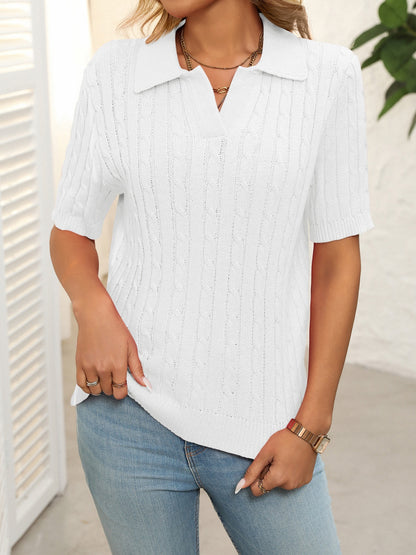 Mandy Zopfmusterpullover mit Johnny-Kragen und halblangen Ärmeln