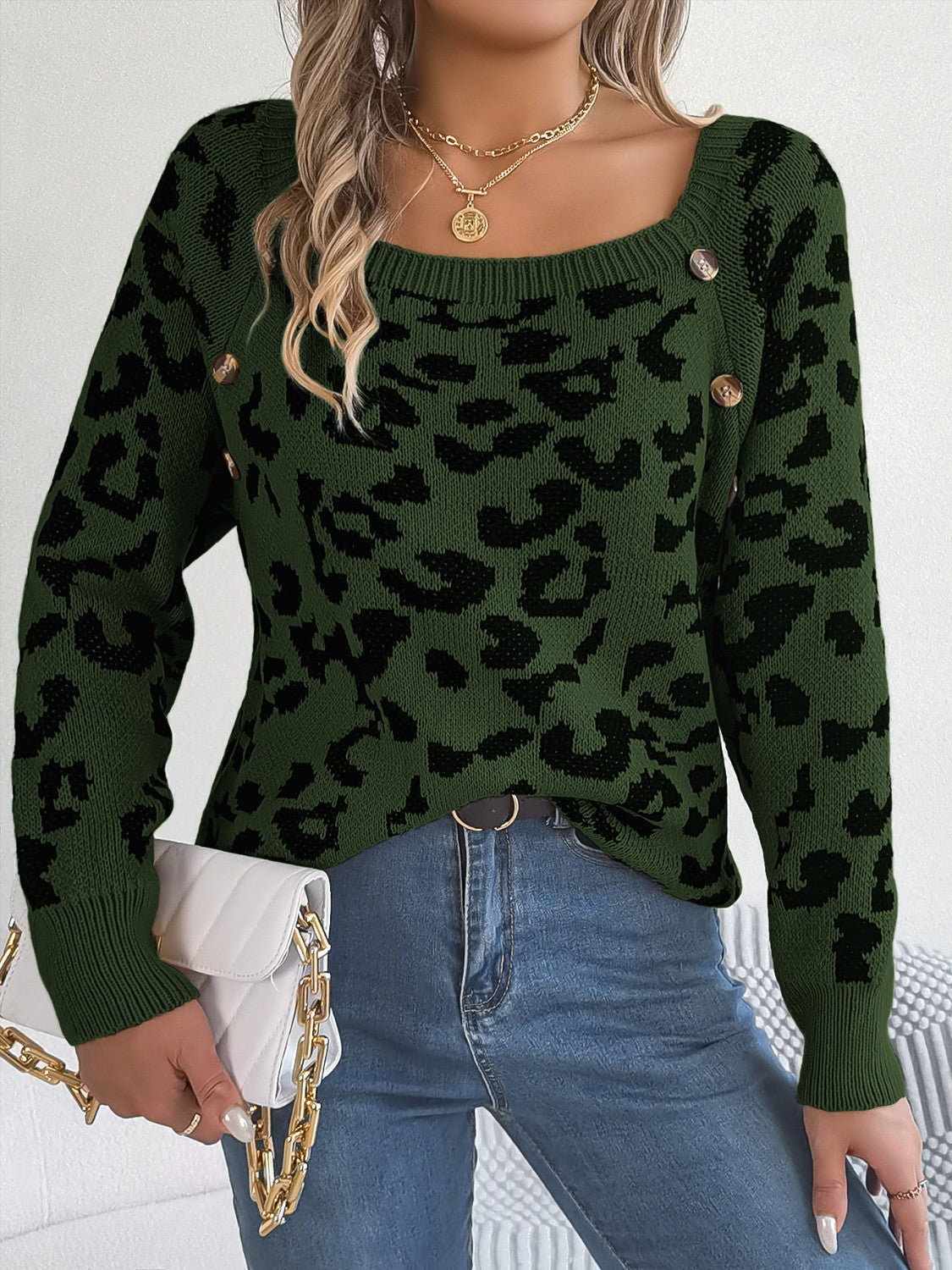 Pullover mit Leopardenmuster und quadratischem Ausschnitt