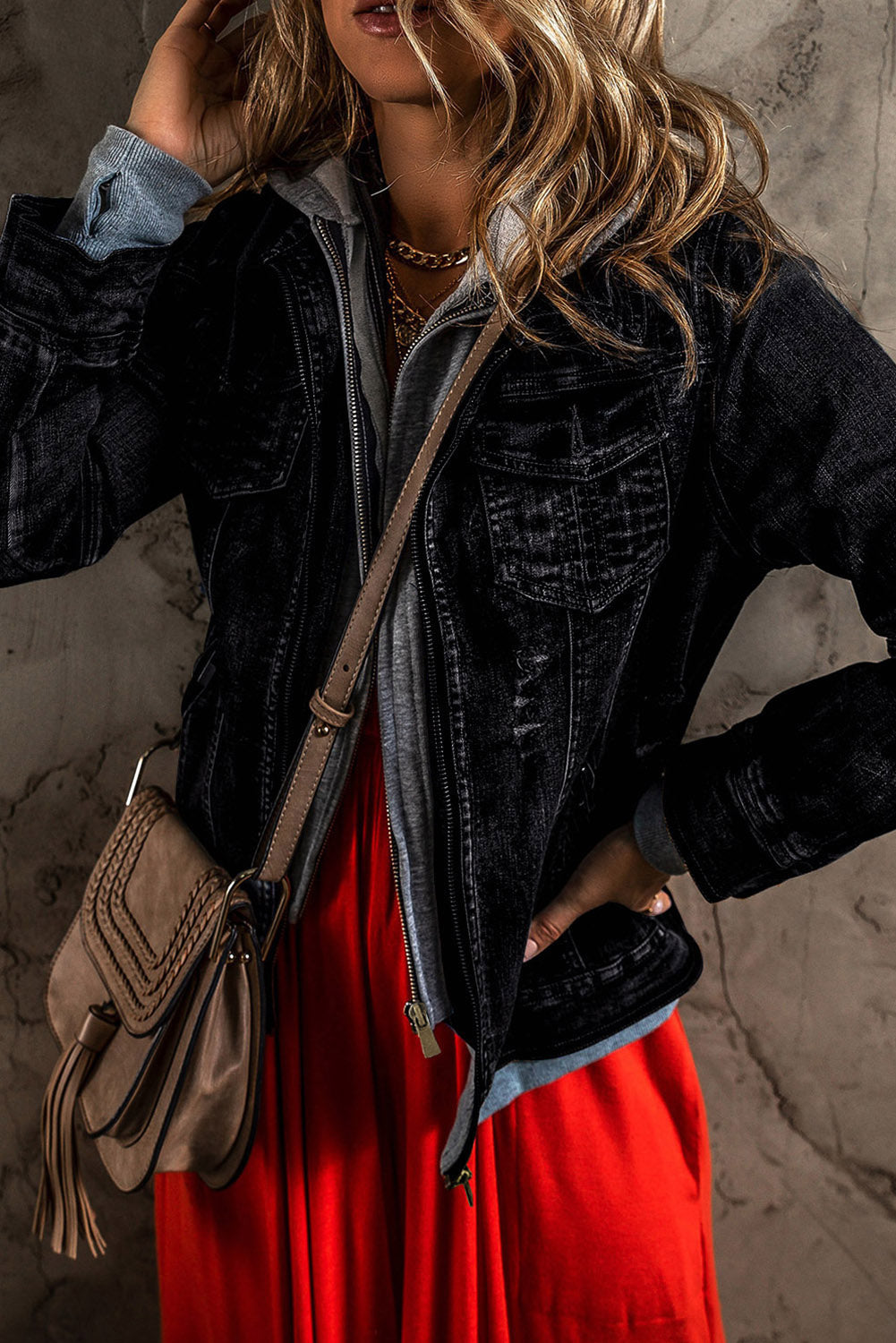 Fake Zweiteilige Jeansjacke mit Kapuze und Reißverschluss