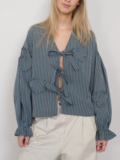 Bluse mit Volantärmeln und Bindeband